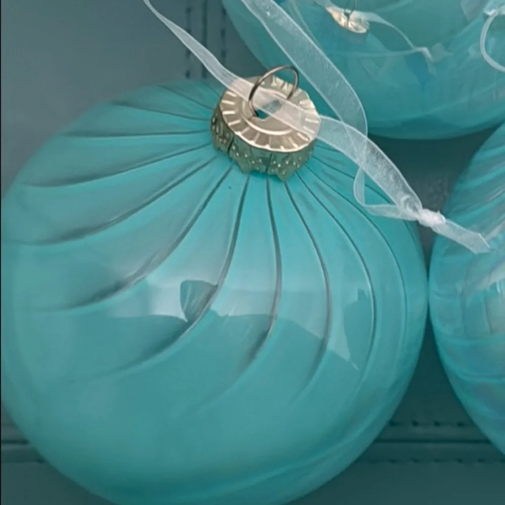 3 Large Iridescent Aqua Glass Holiday Ornaments